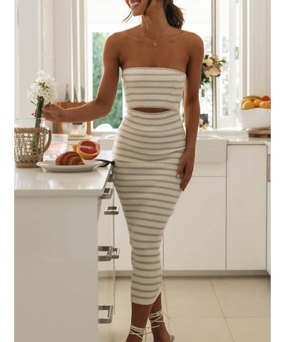 Women Strapless Knit Tube Long Dress Off Shoulder Cut Out Bandeau Bodycon Midi Dress Summer Beach Sundress Light Coffee Strip...