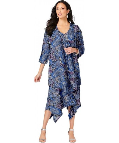 Women's Plus Size Relaxed Jacket Dress Set Blue Dotted Paisley $33.71 Suits