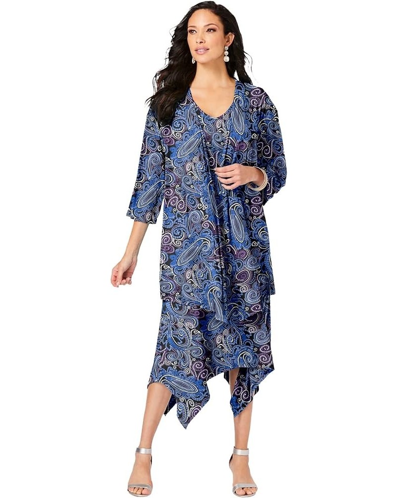 Women's Plus Size Relaxed Jacket Dress Set Blue Dotted Paisley $33.71 Suits