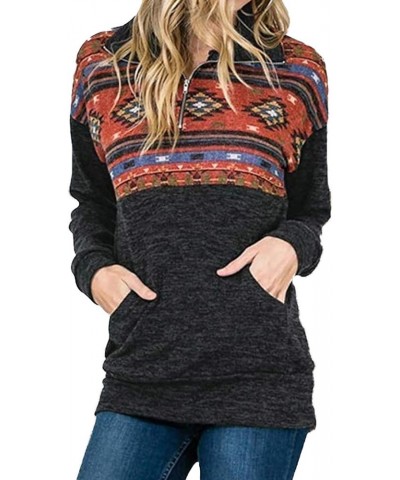 Women's Half Zip Sweatshirt Casual Aztec Print Long Sleeve Pullover Top with Pocket Orange $14.50 Hoodies & Sweatshirts