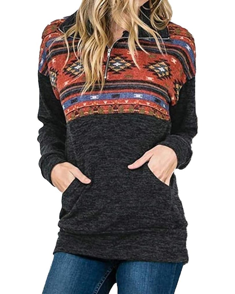 Women's Half Zip Sweatshirt Casual Aztec Print Long Sleeve Pullover Top with Pocket Orange $14.50 Hoodies & Sweatshirts