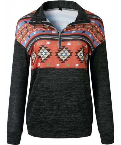 Women's Half Zip Sweatshirt Casual Aztec Print Long Sleeve Pullover Top with Pocket Orange $14.50 Hoodies & Sweatshirts