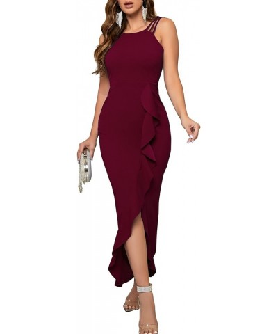 Women's Formal Evening Dress Bodycon Ruffle Hem Mermaid Split Cocktail Long Dresses Elegant Wedding Guest Dress Burgundyred $...