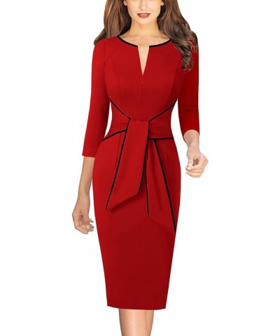 Womens Front Zipper Tie Waist Slim Work Business Office Bodycon Pencil Dress Red (Black Piping) $18.04 Dresses