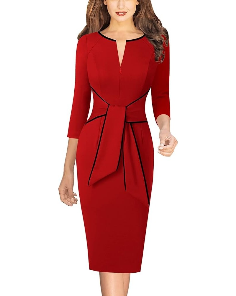 Womens Front Zipper Tie Waist Slim Work Business Office Bodycon Pencil Dress Red (Black Piping) $18.04 Dresses