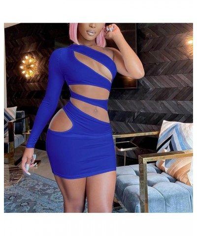 Women's Sexy Hollow Out Mini Dress One Shoulder Long Sleeve Solid Color Bodycon Asymmetrical Night Out Party Clubwear Blue $1...