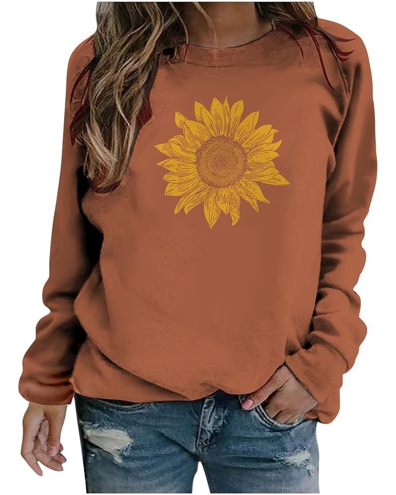 Women Graphic Crew Neck Sweatshirts Sunflower Print Pullover Tops Long Sleeve Blouses Shirts Teen Girls Cute Clothes J039-ora...