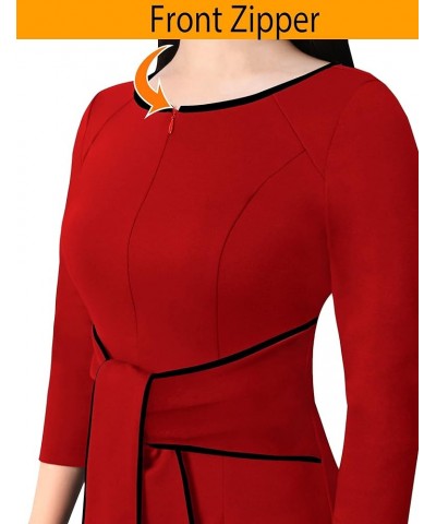 Womens Front Zipper Tie Waist Slim Work Business Office Bodycon Pencil Dress Red (Black Piping) $18.04 Dresses