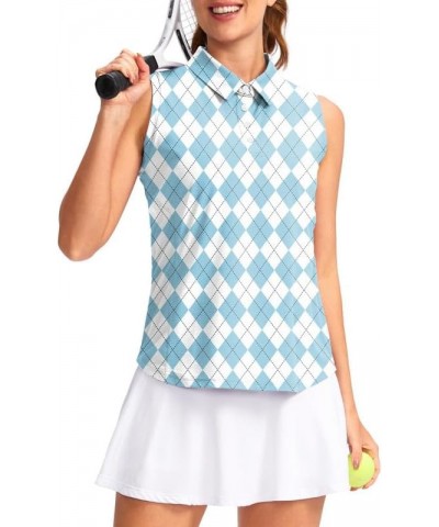 Women's Sleeveless Golf Shirt Collared Button-Down Polo Shirts Quick Dry Golf Tennis Tank Tops for Women Blue Argyle $17.66 S...