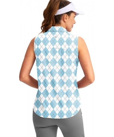 Women's Sleeveless Golf Shirt Collared Button-Down Polo Shirts Quick Dry Golf Tennis Tank Tops for Women Blue Argyle $17.66 S...