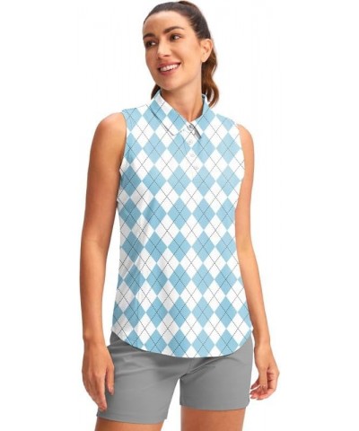 Women's Sleeveless Golf Shirt Collared Button-Down Polo Shirts Quick Dry Golf Tennis Tank Tops for Women Blue Argyle $17.66 S...