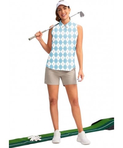 Women's Sleeveless Golf Shirt Collared Button-Down Polo Shirts Quick Dry Golf Tennis Tank Tops for Women Blue Argyle $17.66 S...