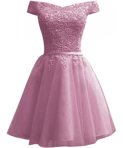 Lace Homecoming Dresses for Teens Short Tulle Applique Prom Dress Off The Shoulder Cocktail Gown Dusty Pink $39.00 Dresses