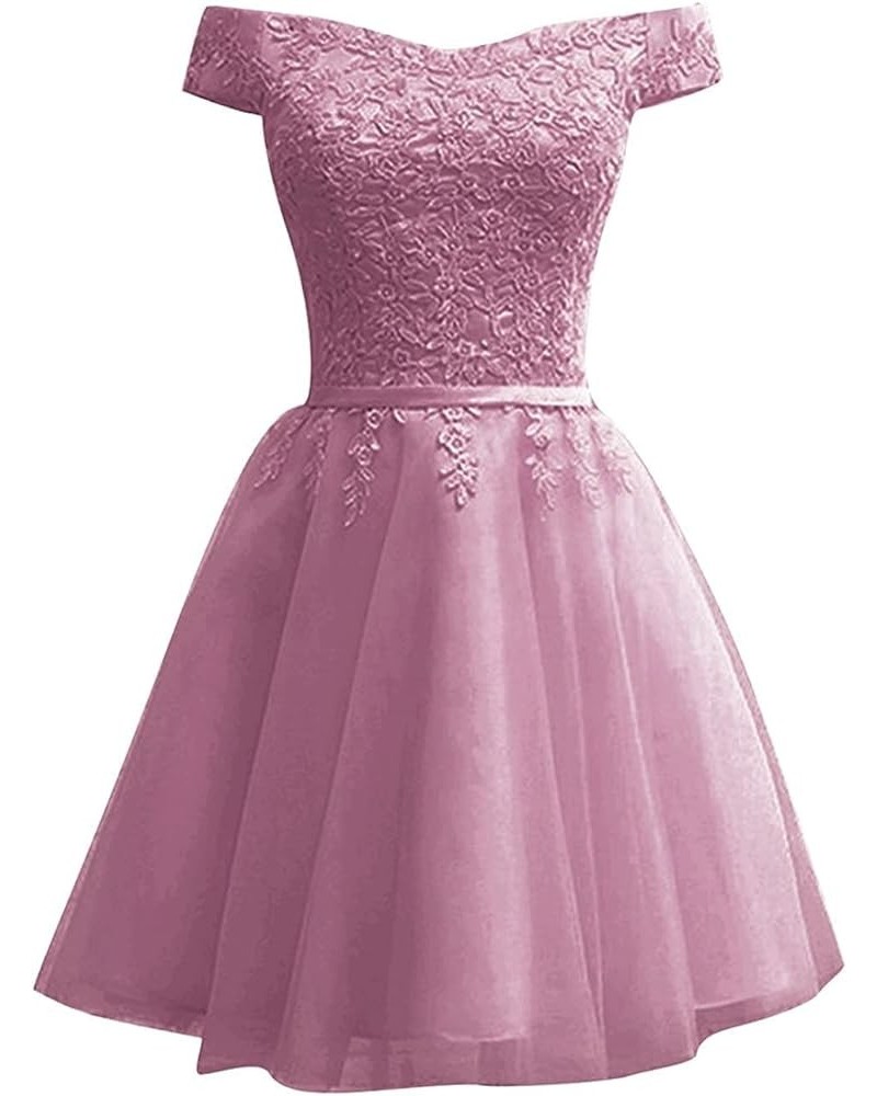 Lace Homecoming Dresses for Teens Short Tulle Applique Prom Dress Off The Shoulder Cocktail Gown Dusty Pink $39.00 Dresses