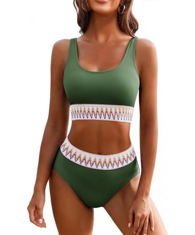 Womens 2 Piece Swimsuit High Waisted Sporty Bikini Sets Cheeky Bathing Suit Black Olive Green $19.76 Swimsuits