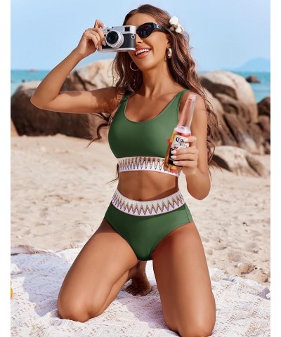 Womens 2 Piece Swimsuit High Waisted Sporty Bikini Sets Cheeky Bathing Suit Black Olive Green $19.76 Swimsuits