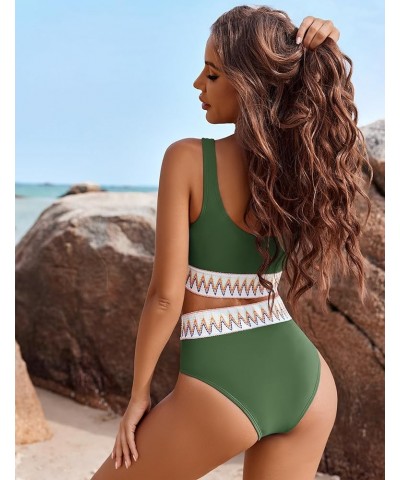 Womens 2 Piece Swimsuit High Waisted Sporty Bikini Sets Cheeky Bathing Suit Black Olive Green $19.76 Swimsuits