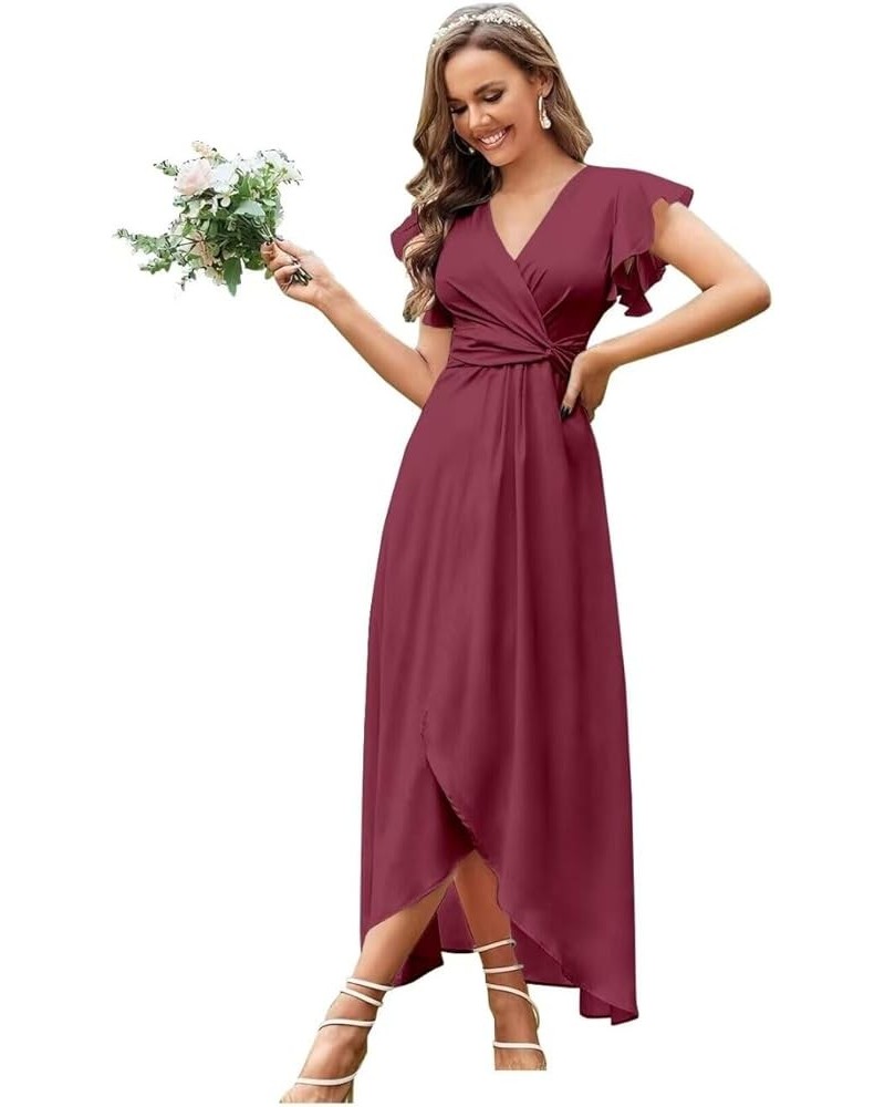 Flutter Sleeve Bridesmaid Dresses for Wedding Tea Length Chiffon Split Formal Dress with Pockets Desert Rose $29.69 Dresses