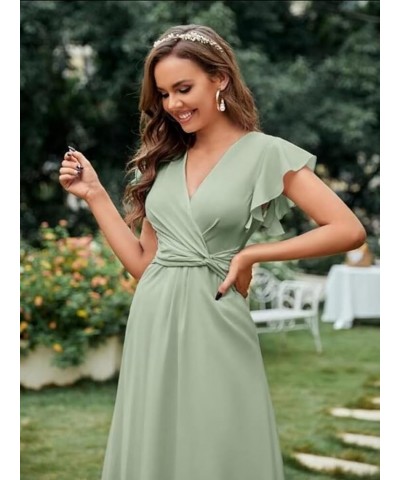 Flutter Sleeve Bridesmaid Dresses for Wedding Tea Length Chiffon Split Formal Dress with Pockets Desert Rose $29.69 Dresses