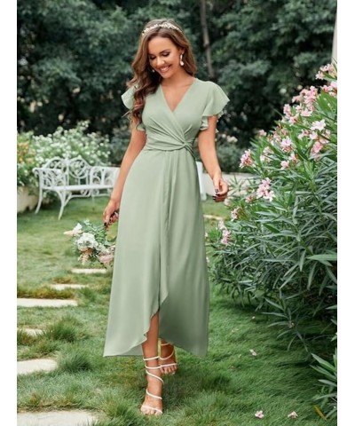 Flutter Sleeve Bridesmaid Dresses for Wedding Tea Length Chiffon Split Formal Dress with Pockets Desert Rose $29.69 Dresses