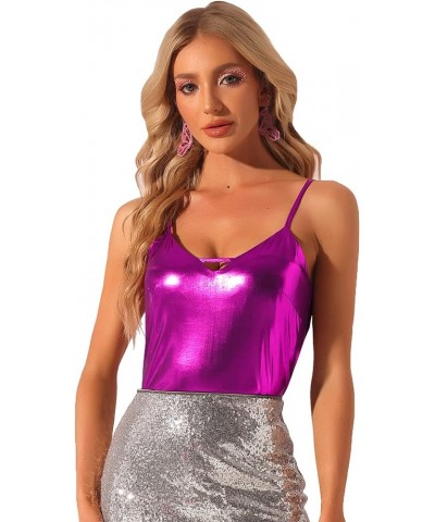 Women's Metallic Shiny Party Tank Top Deep V Camisole Tops Rose Red $15.96 Tanks