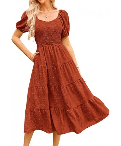 Women's Spring Dresses 2024 Puff Sleeve V Neck Swiss Dot High Waist Chiffon Dress Tiered Smocked Maxi Dresses Brick Red $21.1...