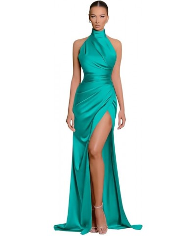 Halter Satin Bridesmaid Dresses Long Mermaid Prom Dress for Women Formal Party Evening Gown with Slit BD1 Turquoise $22.95 Dr...