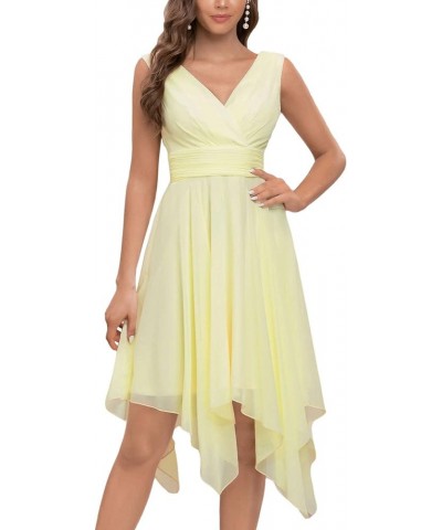 Women V Neck Ruched Irregular Hem A Line Chiffon Short Cocktail Dress 03142-US Yellow $30.23 Dresses