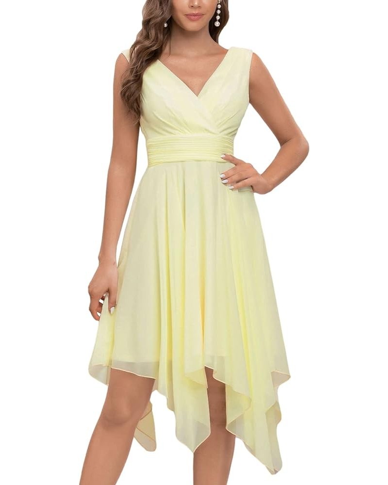 Women V Neck Ruched Irregular Hem A Line Chiffon Short Cocktail Dress 03142-US Yellow $30.23 Dresses