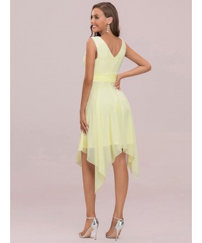 Women V Neck Ruched Irregular Hem A Line Chiffon Short Cocktail Dress 03142-US Yellow $30.23 Dresses