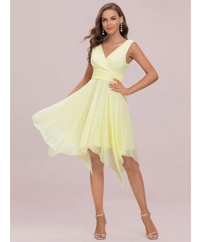 Women V Neck Ruched Irregular Hem A Line Chiffon Short Cocktail Dress 03142-US Yellow $30.23 Dresses