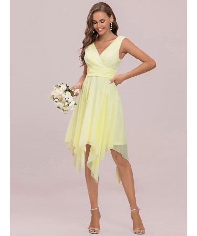 Women V Neck Ruched Irregular Hem A Line Chiffon Short Cocktail Dress 03142-US Yellow $30.23 Dresses