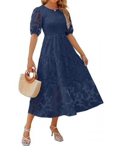 Women's 2024 Summer Short Puff Sleeve Crewneck Smocked Floral Lace Flowy A Line Tiered Maxi Dresses Navy $34.79 Dresses