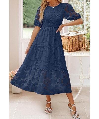 Women's 2024 Summer Short Puff Sleeve Crewneck Smocked Floral Lace Flowy A Line Tiered Maxi Dresses Navy $34.79 Dresses