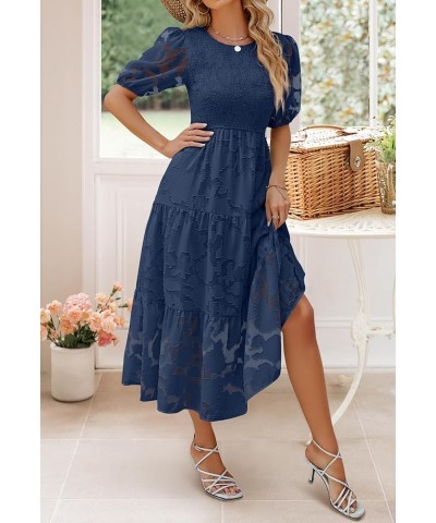 Women's 2024 Summer Short Puff Sleeve Crewneck Smocked Floral Lace Flowy A Line Tiered Maxi Dresses Navy $34.79 Dresses