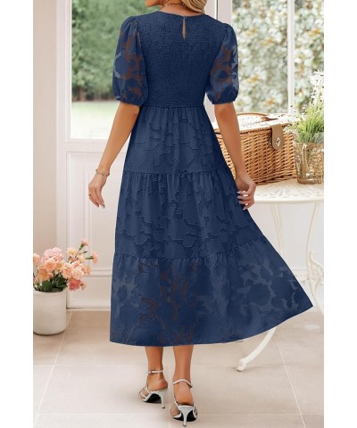 Women's 2024 Summer Short Puff Sleeve Crewneck Smocked Floral Lace Flowy A Line Tiered Maxi Dresses Navy $34.79 Dresses