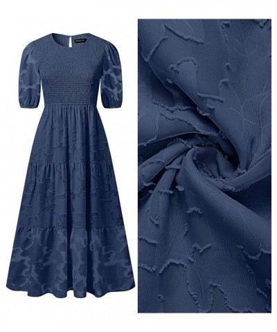 Women's 2024 Summer Short Puff Sleeve Crewneck Smocked Floral Lace Flowy A Line Tiered Maxi Dresses Navy $34.79 Dresses