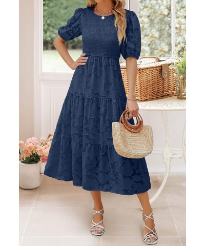 Women's 2024 Summer Short Puff Sleeve Crewneck Smocked Floral Lace Flowy A Line Tiered Maxi Dresses Navy $34.79 Dresses