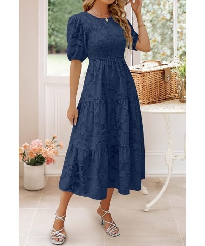 Women's 2024 Summer Short Puff Sleeve Crewneck Smocked Floral Lace Flowy A Line Tiered Maxi Dresses Navy $34.79 Dresses