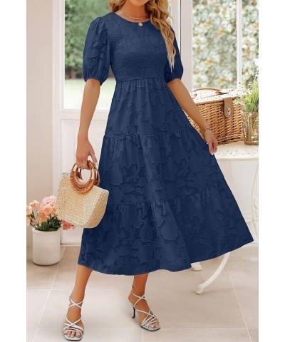 Women's 2024 Summer Short Puff Sleeve Crewneck Smocked Floral Lace Flowy A Line Tiered Maxi Dresses Navy $34.79 Dresses