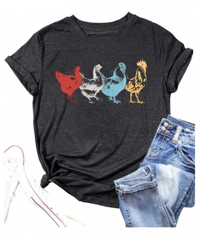 Chicken Shirt for Women Farm Tees Farm Girl T Shirt Funny Chicken Graphic T-Shirt Casual Short Sleeve Tops Dark Grey $12.99 T...