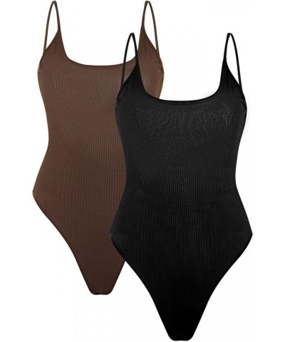 Women's Open Back Basics T Shirt Sleeveless Strap Bodycon Cami Bodysuit Tops 2pack Black Brown $12.32 Bodysuits