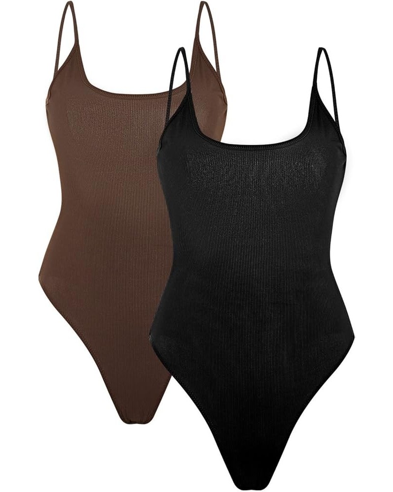 Women's Open Back Basics T Shirt Sleeveless Strap Bodycon Cami Bodysuit Tops 2pack Black Brown $12.32 Bodysuits