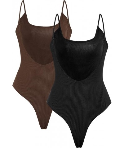 Women's Open Back Basics T Shirt Sleeveless Strap Bodycon Cami Bodysuit Tops 2pack Black Brown $12.32 Bodysuits