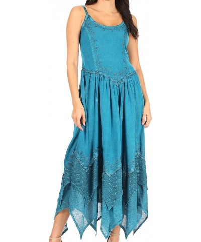 Rayon Embroidered Stonewashed Adjustable Spaghetti Straps Long Dress Turquoise $25.30 Dresses