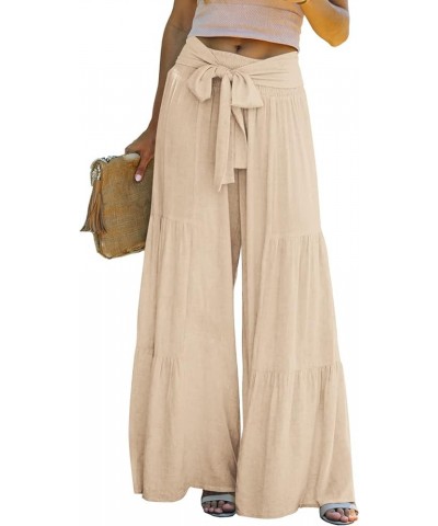 Women Summer High Waisted Cotton Linen Flare Palazzo Pants Beach Pant Long Bell Bottom Lounge Trousers Apricot $16.79 Pants