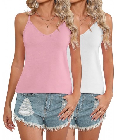 2 Pcs Womens Strappy Tank Tops V Neck Shirts Blouse Women Sleeveless Camisole Spaghetti Strap Tanks Blouse Pink, White $14.49...