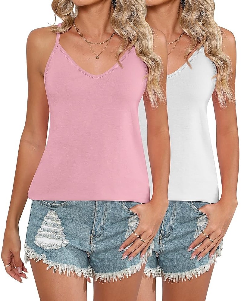 2 Pcs Womens Strappy Tank Tops V Neck Shirts Blouse Women Sleeveless Camisole Spaghetti Strap Tanks Blouse Pink, White $14.49...