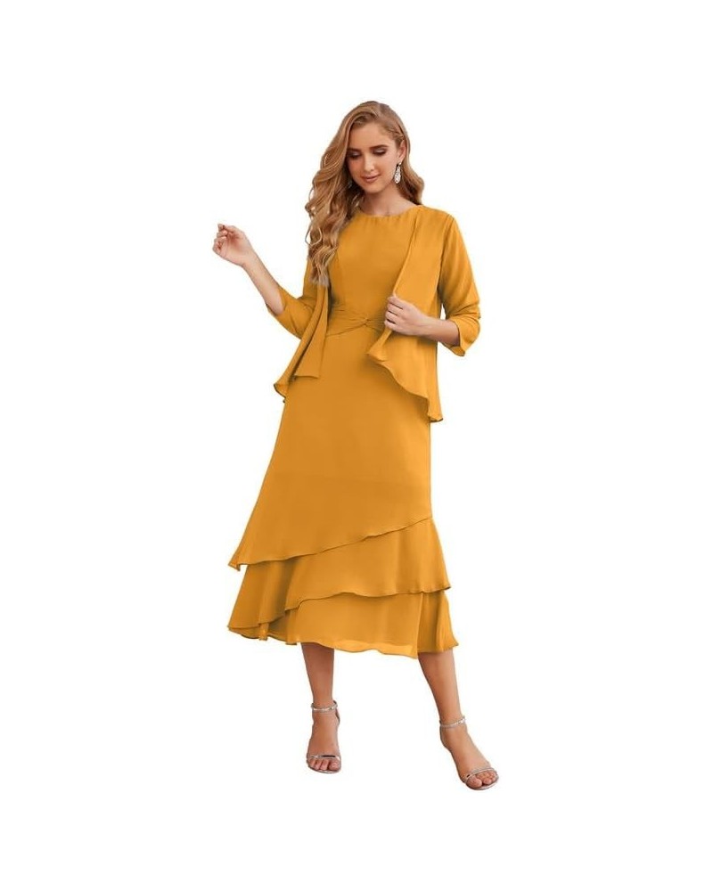 Mother of The Bride Dresses with Jacket 2 Piece Wedding Guest Dress Ruffles Scoop Mother of The Bride Dress Chiffon Deep Yell...