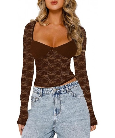 Women Lace Patchwork Long Sleeve Top Sexy Mesh See Through Tshirts Slim Fit Y2k Going Out Streetwear C-1 Low Cut Brown $8.73 ...